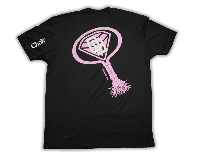 Black t-shirt with pink graphic design on a white background