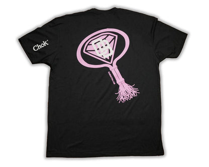 Black t-shirt with pink graphic design on a white background