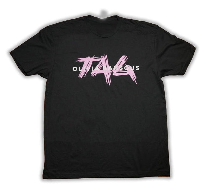 black t-shirt with pink and white text on a white background