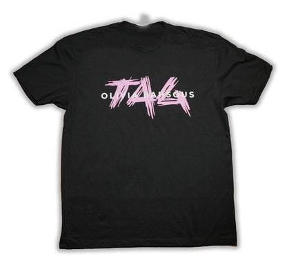 Black t-shirt with pink and white text on a white background